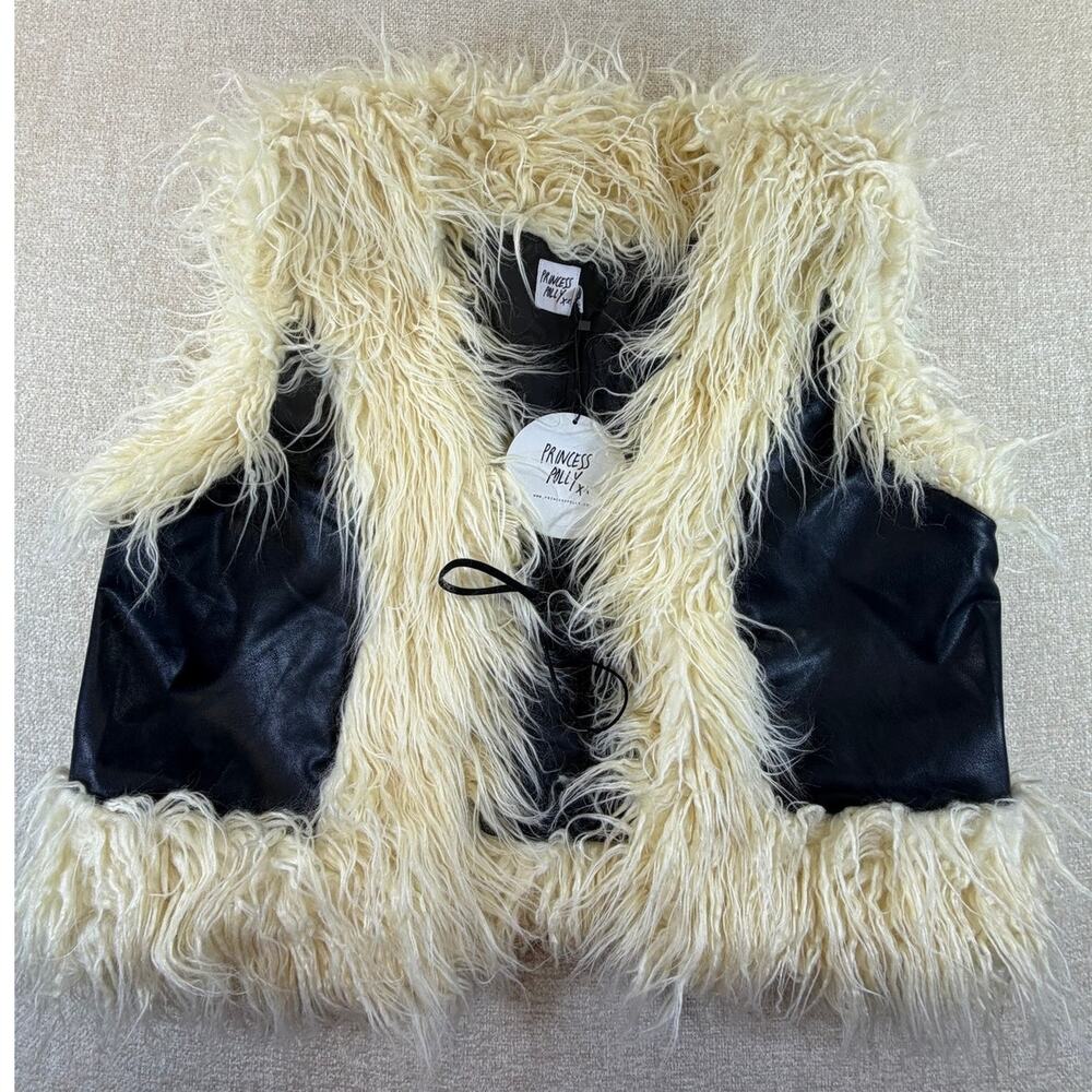 Princess Polly Women's 12 Cream Black NWT Faux Leather Shearling Vest Moto Boho
